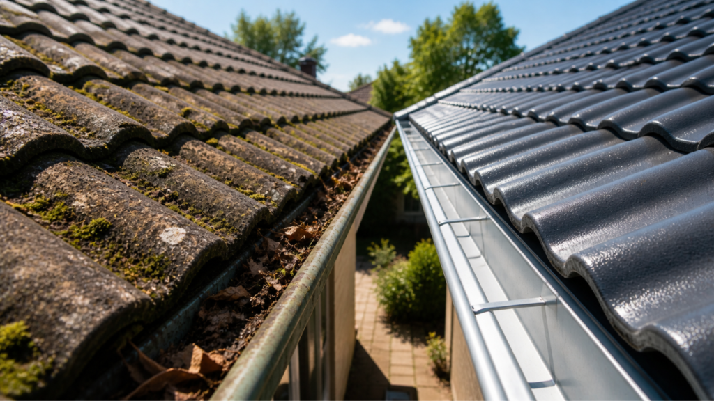 Roof & gutter cleaning Melbourne – moss and leaf-covered roof tiles with blocked gutter on the left versus clean tiled roof and clear gutter on the right.