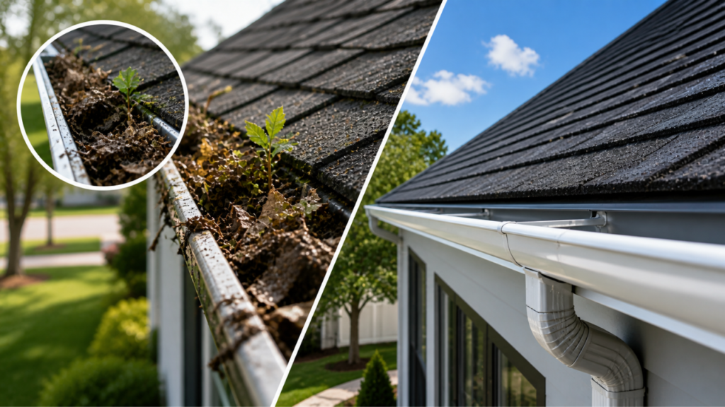 Before and after roof & gutter cleaning Melbourne – blocked gutter full of leaves and debris on the left, clean white gutter and downpipe on the right.