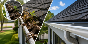 Before and after roof & gutter cleaning Melbourne – blocked gutter full of leaves and debris on the left, clean white gutter and downpipe on the right.