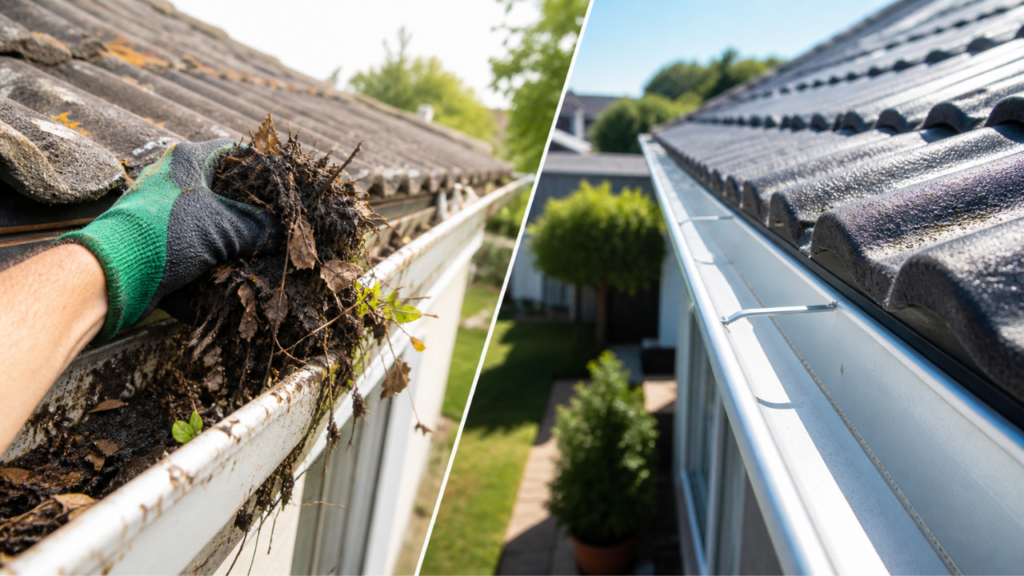 Professional roof & gutter cleaning Melbourne – gloved hand removing leaves and debris from blocked gutter on the left, clean empty gutter on the right.